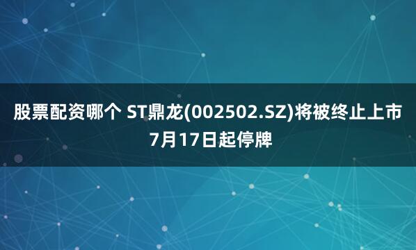 股票配资哪个 ST鼎龙(002502.SZ)将被终止上市 7月17日起停牌